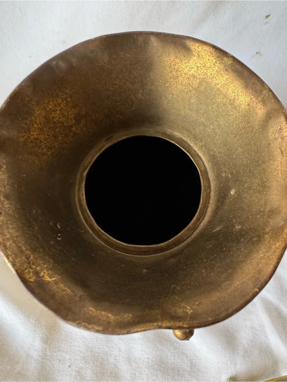 vintage solid brass vase from India featuring a distinctive ruffled rim and a de